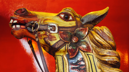 head shot of vintage wooden horse from carousel funfair ride