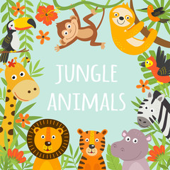 frame with tropical animals and plants -  vector illustration, eps