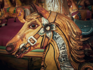 head shot of vintage wooden horse from carousel funfair ride - 213782268