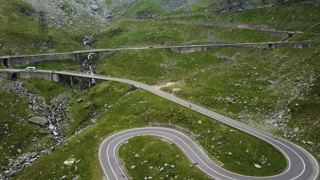 Aerial view of mountain road. Transfagarasan road in Fagaras Mountains in a summer day