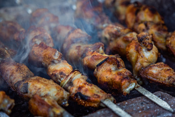 The process of cooking chicken barbecue. Picnic.