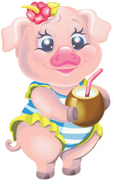 vector illustration cute pig in a striped bathing suit