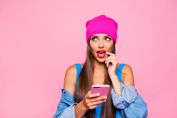 Oops I have bad memory! Close up photo portrait of cute attractive pretty thoughtful minded lady...