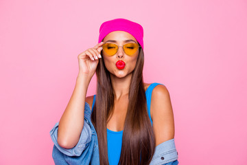 Fototapeta Close up photo portrait of winsome pretty cute lovely sweet glad nice lady sending kiss to you wearing orange transparent glasses closed eyes isolated pastel background obraz