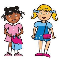 Two girls and bag, funny vector illustration	