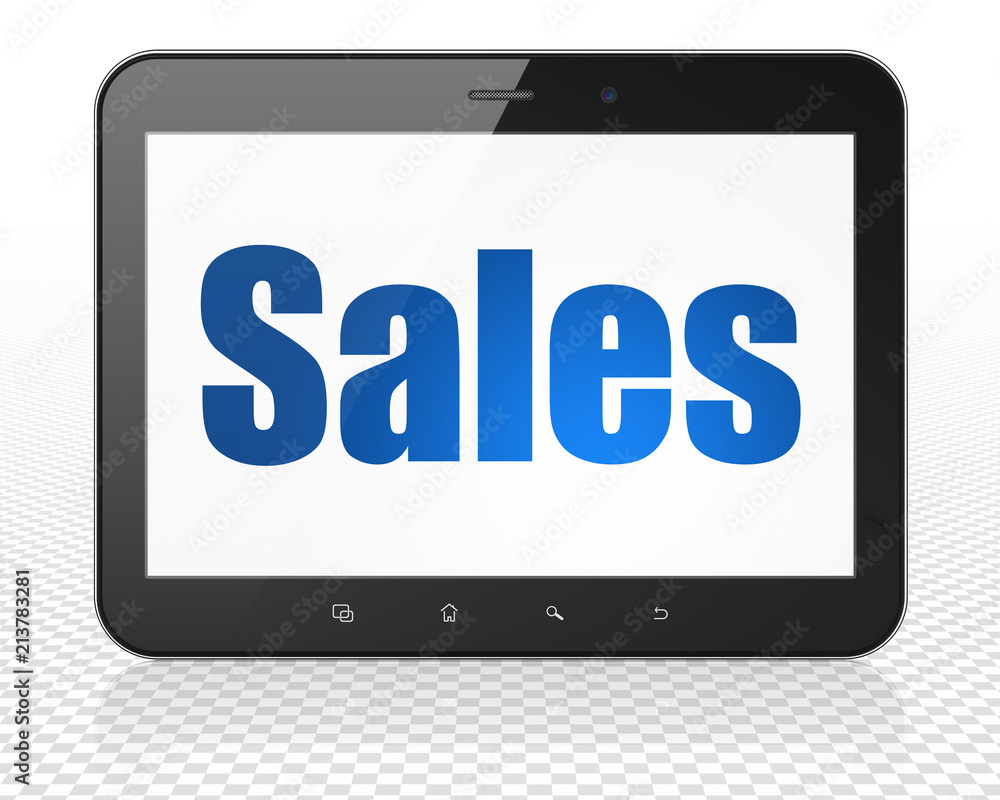 Aufkleber marketing concept: tablet pc computer with blue text sales on display, 3d rendering