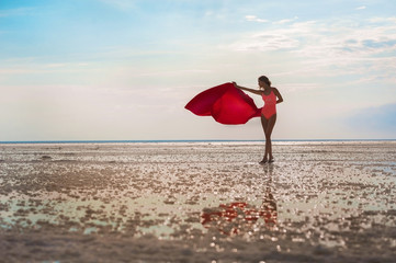 Slender girl on the salt lake of Elton, Volgograd region, Russia. Lake Elton. A girl in a red...