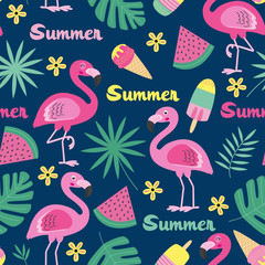 Naklejka premium wzór z flamingo, lody, arbuz, tropikalny liść - ilustracja wektorowa eps
