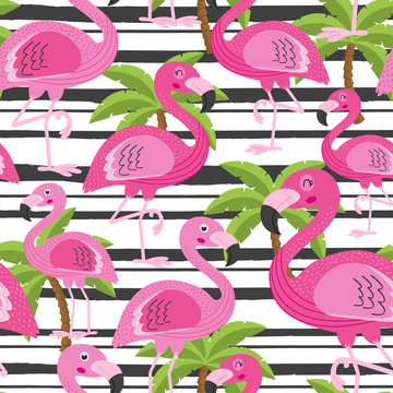 
seamless pattern with flamingo and tree palm -  vector illustration, eps