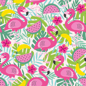 seamless pattern with flamingo and fruits -  vector illustration, eps