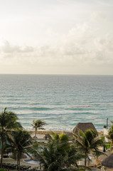Caribbean Sea beach with sky horizon and water. Wave, cloud