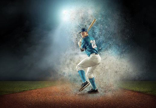 Baseball player in dynamic action around splash drops