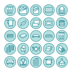 Bedding flat line icons. Orthopedics mattresses, bedroom linen, pillows, sheets set, blanket and duvet illustrations. Thin signs for interior store.
