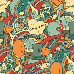 Doodle colorful seamless pattern in retro style with festive items, congrats for Father's day or Birthday. Gentleman's objects.