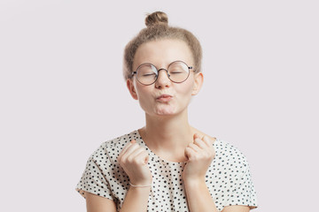 awesome girl is going to kiss the photographer. woman is in love. sentimental student.love concept