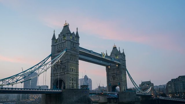 Motion sunset to night timelapse of the historical and beautiful Tower Bridge at London, United Kingdom