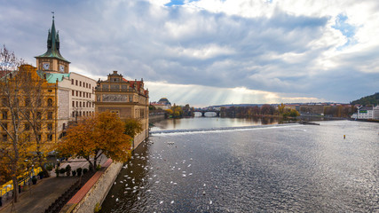 The Bedrich Smetana Museum, viewed from the Old Town Bridge Tower, on a cloudy autumn afternoon