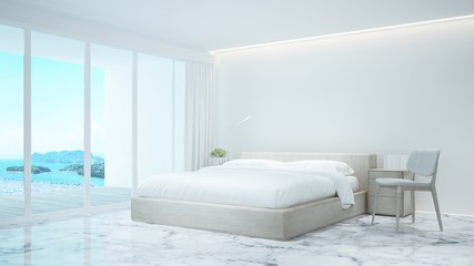 Bedroom and living area on pool deck and swimming pool with panorama sea view - Bedroom and swimming pool sea view and island view in hotel or resort - 3D Illustration