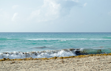 Caribbean Sea beach with sky horizon and water. Wave, cloud
