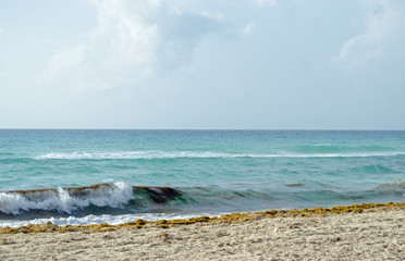 Fototapeta na wymiar Caribbean Sea beach with sky horizon and water. Wave, cloud