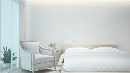 Bedroom and living area on sea view in hotel or resort - Bedroom simple design and nature view background - 3D Illustration