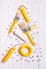 Set of constructor tools on wood background, Christmas Tree