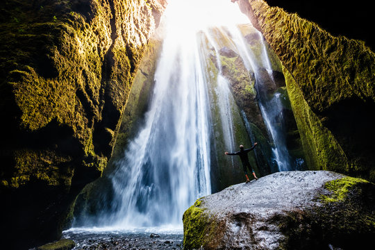 Perfect view of famous powerful Gljufrabui waterfall in sunlight.