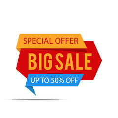 Sale banner. Red discount poster on a light background. Special offer, Up to 50% off. Vector illustration, eps10