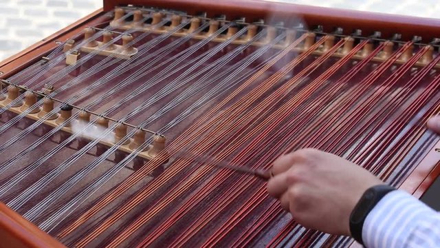 Man hands playing on a harp, the Ukrainian national musical instrument, close up. Lviv, Ukraine