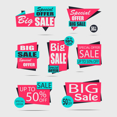Set of sale banners on a light background. Big sale. White and dark text. Red discount posters. Special offer. Up to 50% off. Vector illustration, eps10