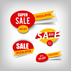 Set of Super and Big sale banners with shadow. Red with yellow discount poster, Sale tag, label, badge, sticker. Special offer, up to 50% off, 50% off, 70% off. Vector illustration, eps10