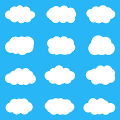 Set of cute white clouds on blue background. Vector, eps10