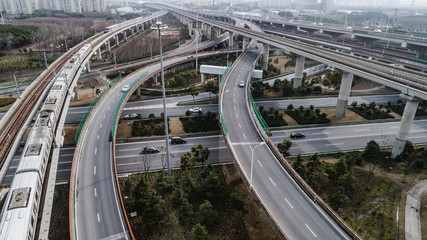 Aerial view of railway, highway and overpass on Luoshan road, Shanghai