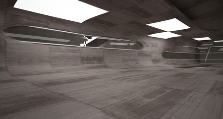 Empty dark abstract brown concrete room smooth interior. Architectural background. Night view of the illuminated. 3D illustration and rendering