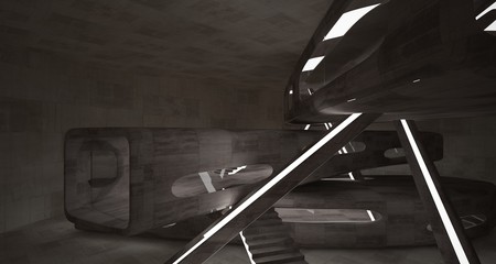Empty dark abstract brown concrete room smooth interior. Architectural background. Night view of the illuminated. 3D illustration and rendering