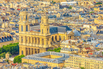 Closeup of Saint-Sulpice Church or Eglise Saint-Sulpice at sunset light from panoramic terrace of...