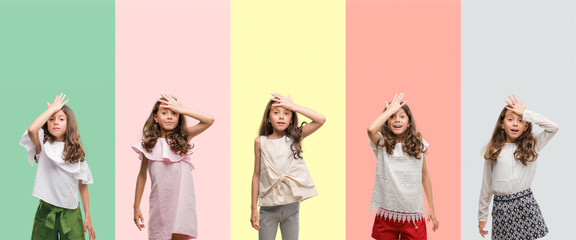 Collage of brunette hispanic girl wearing different outfits surprised with hand on head for mistake, remember error. Forgot, bad memory concept. - obrazy, fototapety, plakaty