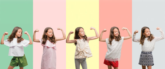 Collage of brunette hispanic girl wearing different outfits showing arms muscles smiling proud. Fitness concept.