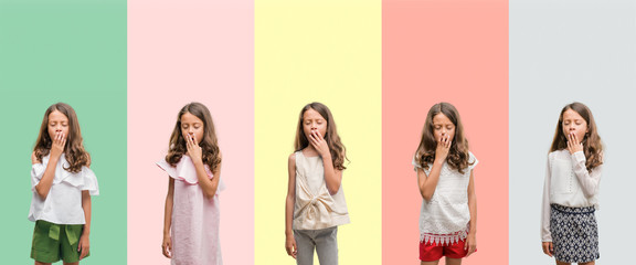 Collage of brunette hispanic girl wearing different outfits bored yawning tired covering mouth with hand. Restless and sleepiness.