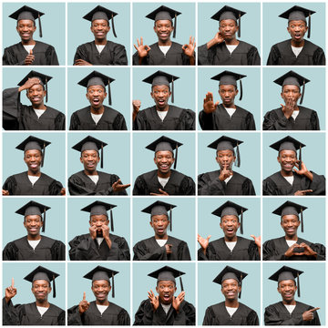 Young african american man wearing graduation cap very happy doing gesture with face and hands. Composition.