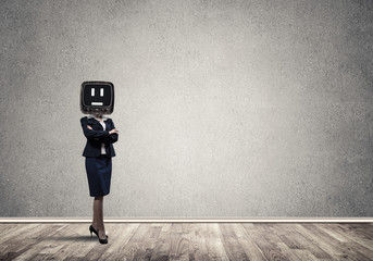 Business woman with an old TV instead of head.