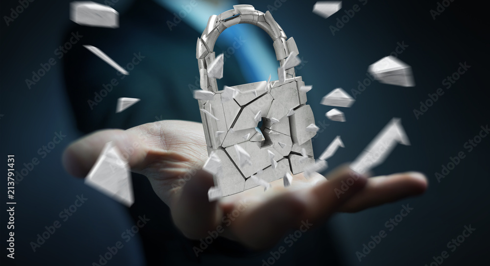 Poster Businessman hacking in broken padlock security 3D rendering