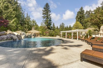 Beautifully landscaped backyard with a large pool.
