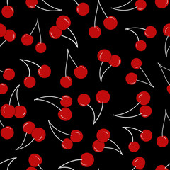 Seamless pattern of red cherries. A repeating background with a delicious red cherry. Ripe red berries on a black background. Vector file EPS10. For your design, printing, packaging, textiles, etc.