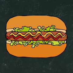 Hotdog. Bun, Sausage, Ketchup, Mustard. Fast Food Collection. Hand Drawn High Quality Traced Vector Illustration. Doodle Style. Black Chalkboard.