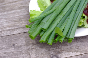 Fresh herbs from the garden on a plate: side view