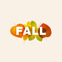 Fall lettering illustration made from colorful leaves isolated on light background. Easy to use for print and web promotion.