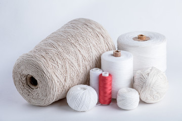 different types of white threads cotton, elastic band, flax, plait, mouline thread, silk