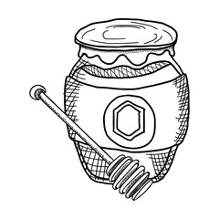 glass jar with sweet honeyand and wooden stick,hand-drawn,vector image,outline style,black and white picture
