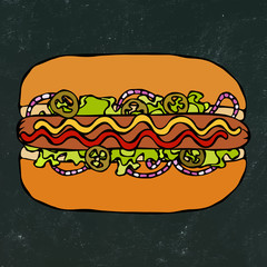 Hotdog. Bun, Sausage, Ketchup, Mustard. Fast Food Collection. Hand Drawn High Quality Traced Vector Illustration. Doodle Style. Black Chalkboard.